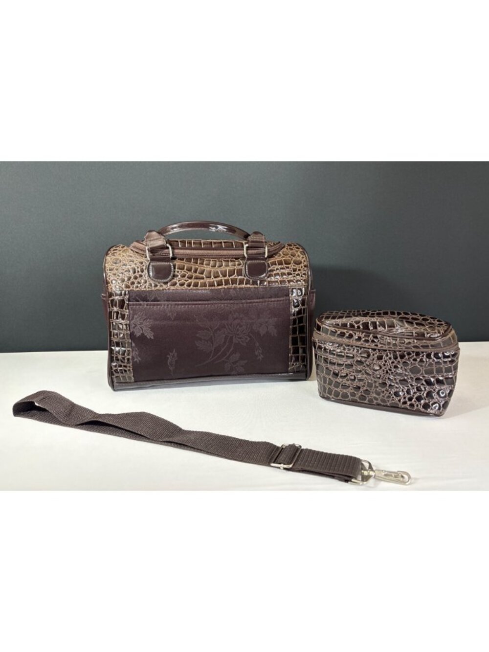 Faux Crocodile Travel Bag  Duffel Dual Handbag With Cosmetic Case Brown Floral - Picture 2 of 16